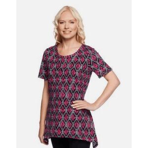 Denim & Co Womens 3X Scoop Neck Printed Knit Top Deep Rose Trapeze Hem NWT